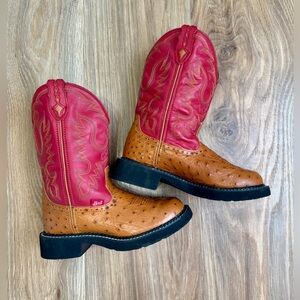 Justin L9911 Gypsy Collection Brown Ostrich Red Top Cowgirl Boots 6 EUC